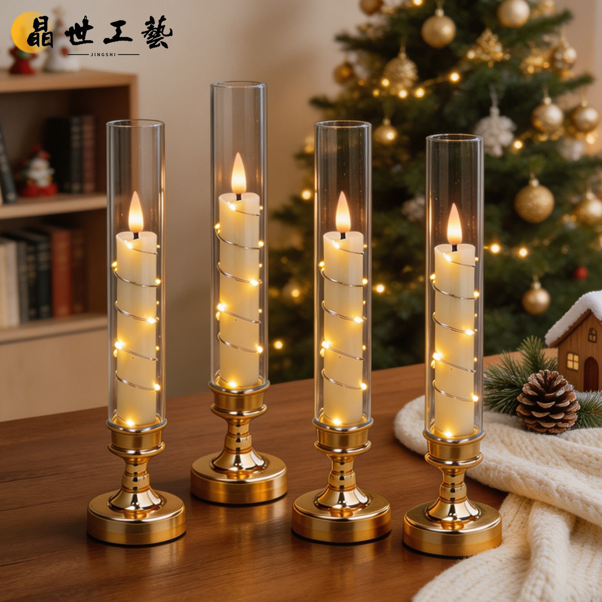 Flameless LED Taper Candles in Glass Candlesticks - Set of 4