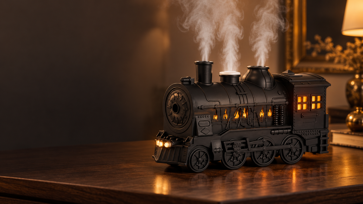 Black vintage steam train aroma diffuser releasing mist, with warm light glowing from its windows