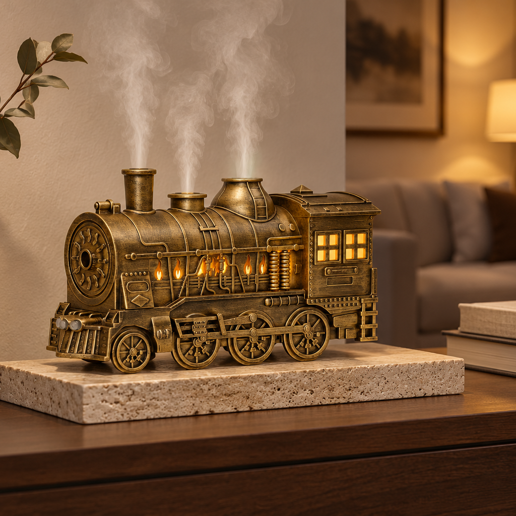Antique gold vintage steam train aroma diffuser misting on a living room console table