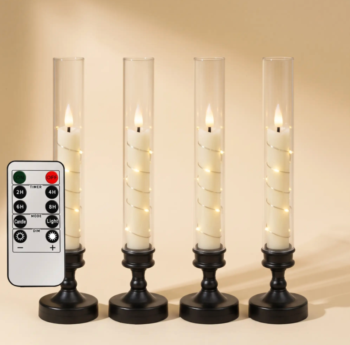 Flameless LED Taper Candles in Glass Candlesticks - Set of 4
