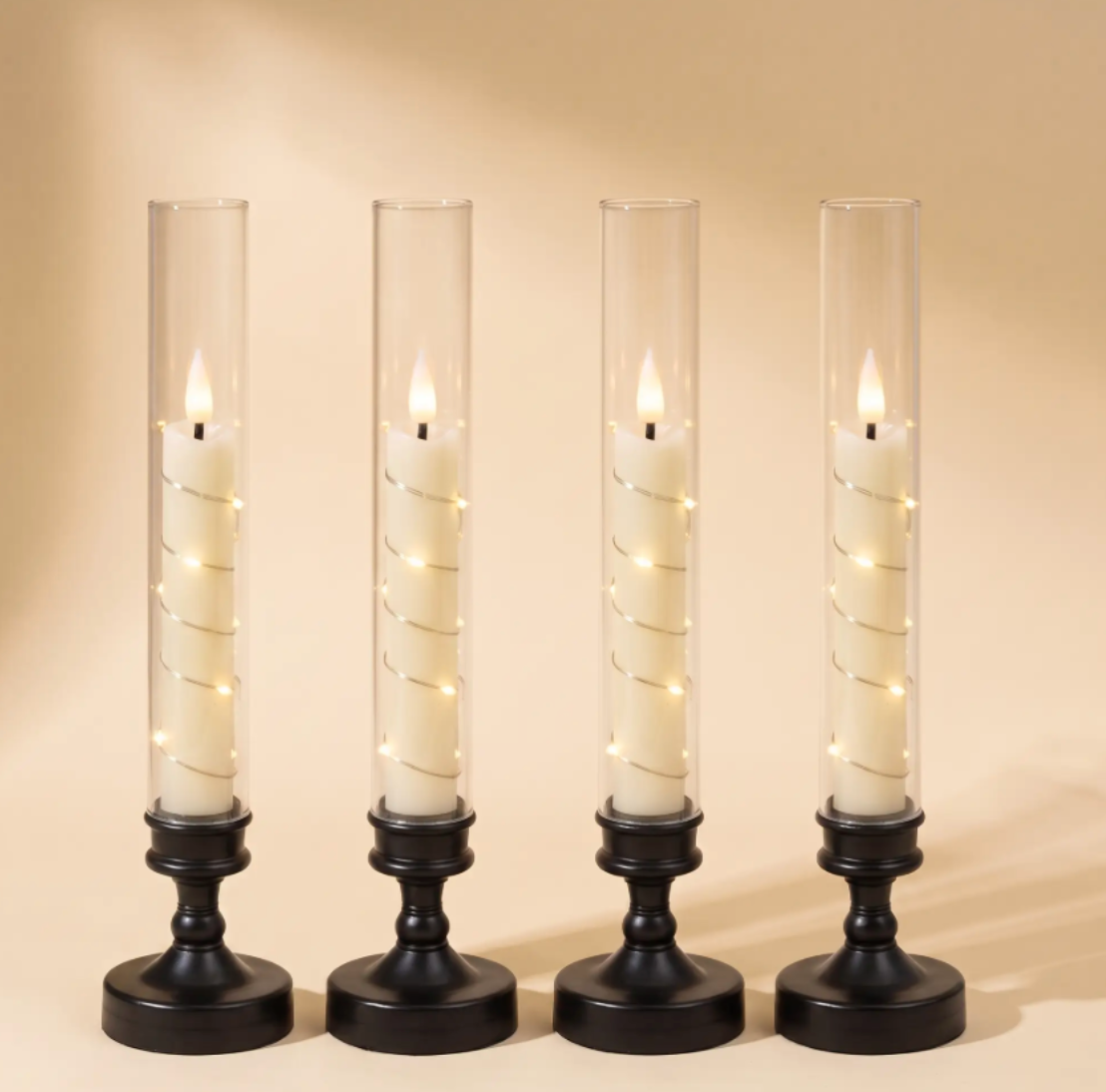 Flameless LED Taper Candles in Glass Candlesticks - Set of 4