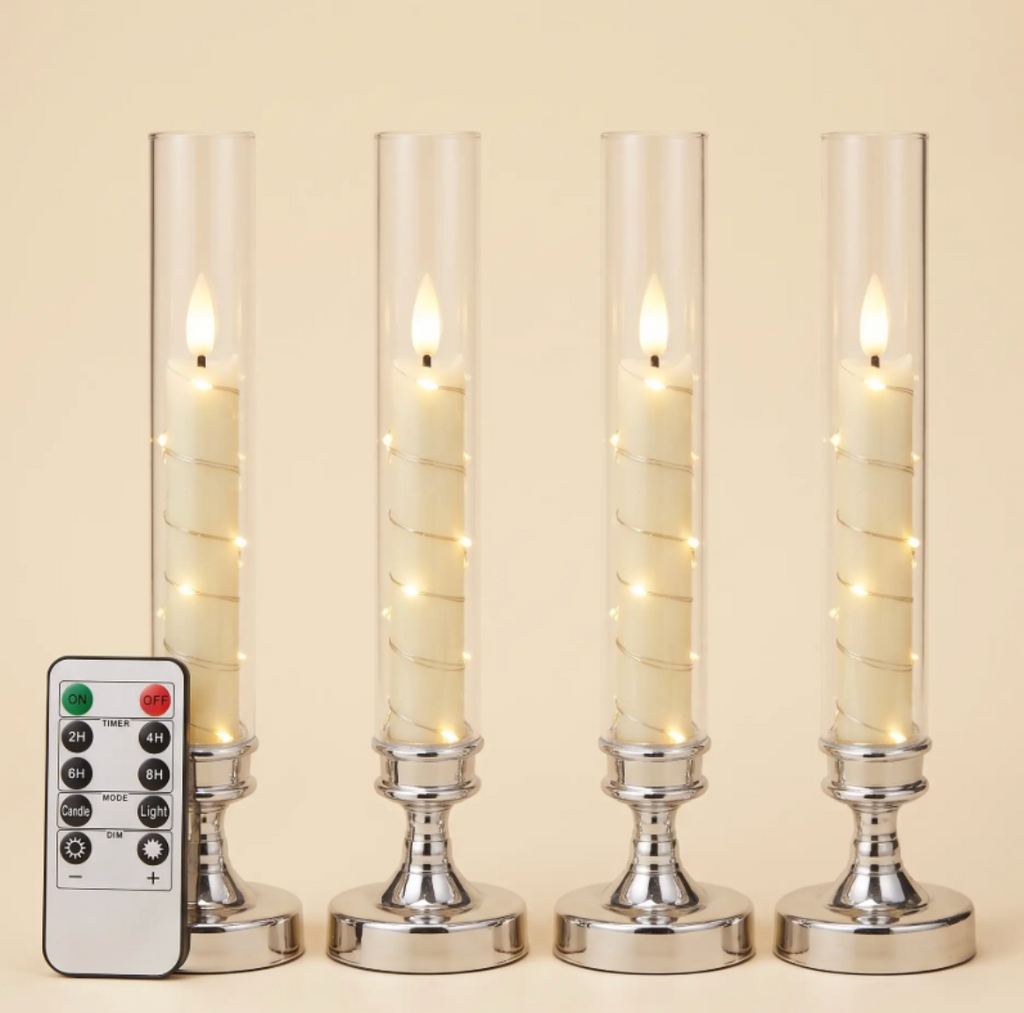 Flameless LED Taper Candles in Glass Candlesticks - Set of 4