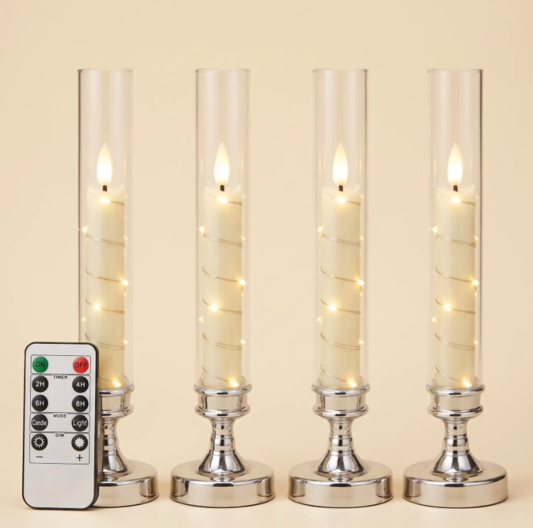 Flameless LED Taper Candles in Glass Candlesticks - Set of 4