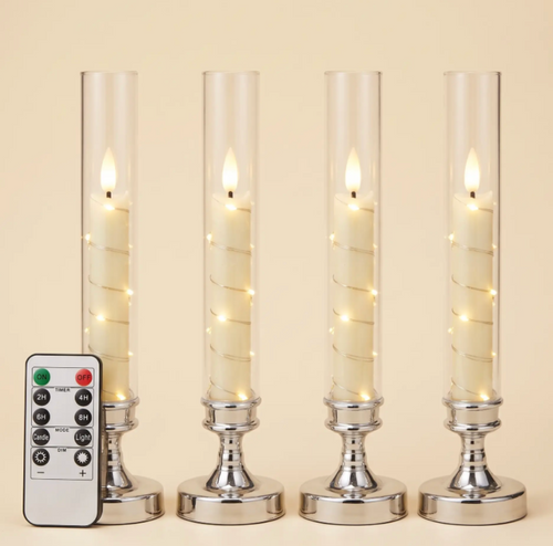 Flameless LED Taper Candles in Glass Candlesticks - Set of 4