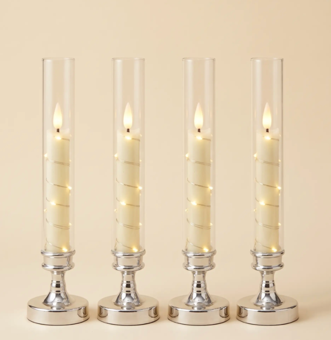 Flameless LED Taper Candles in Glass Candlesticks - Set of 4