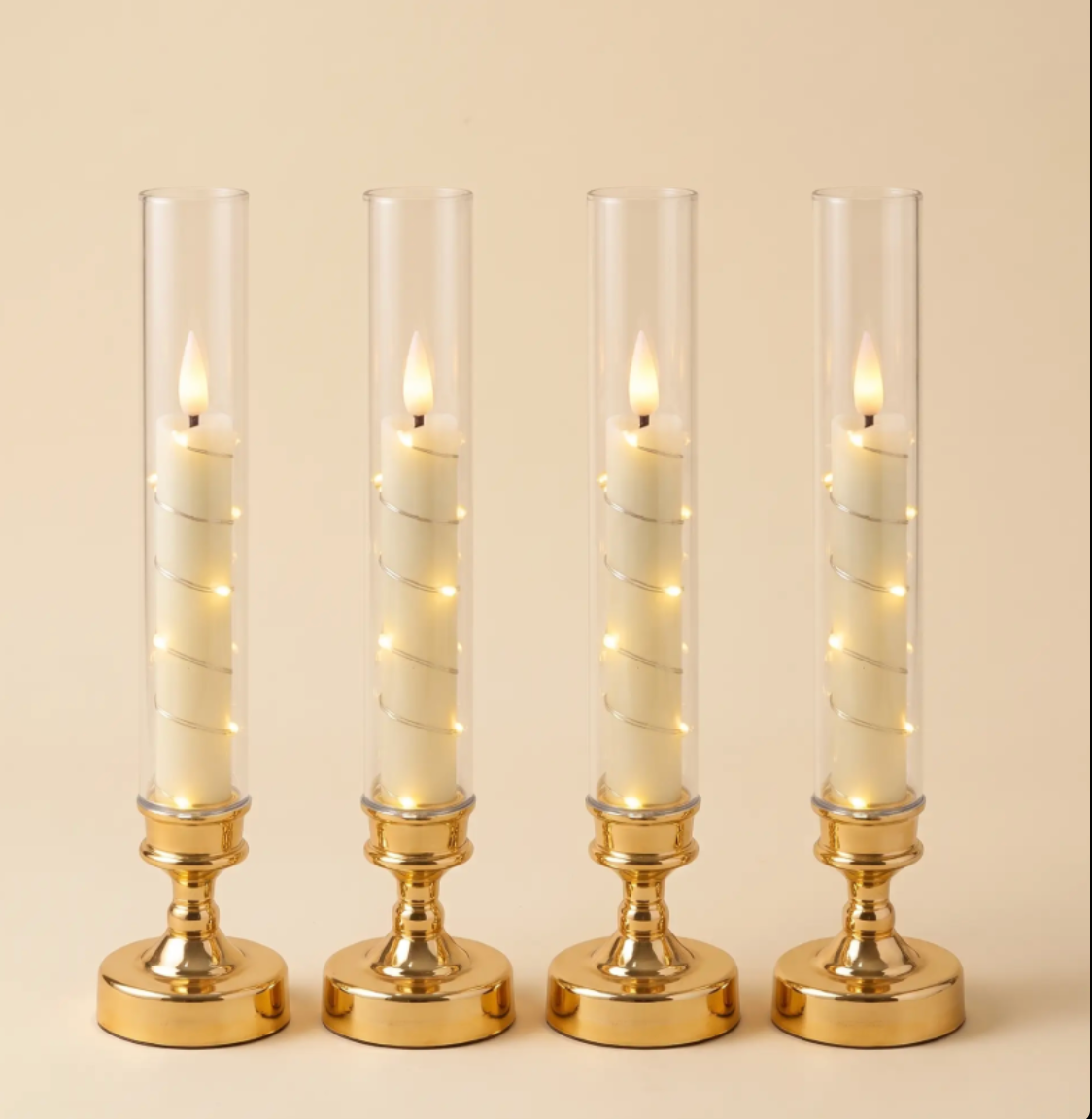 Flameless LED Taper Candles in Glass Candlesticks - Set of 4