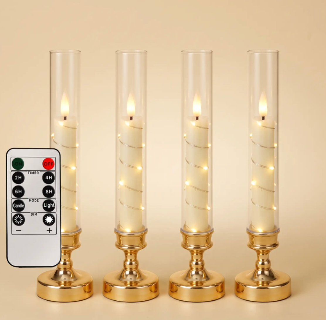 Flameless LED Taper Candles in Glass Candlesticks - Set of 4