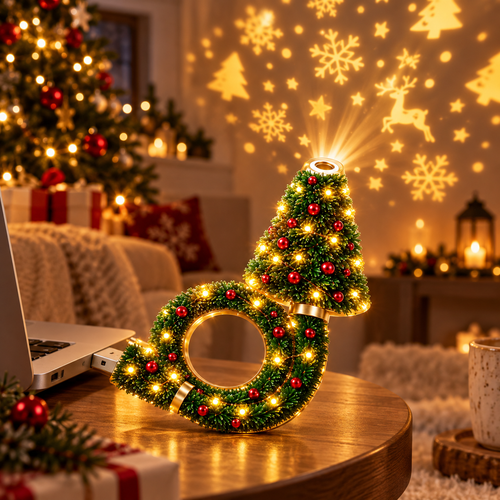 Christmas tree projector lamp casting snowflakes and reindeer across a cosy living room
