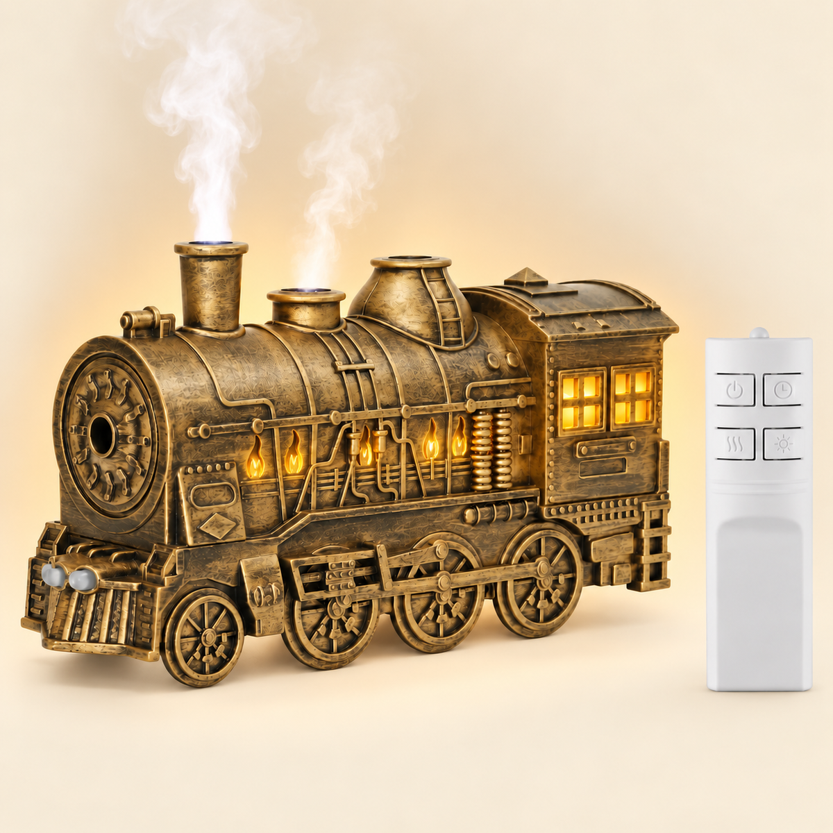 Antique gold vintage steam train aroma diffuser and essential oil humidifier with remote control, glowing cabin windows and rising steam mist
