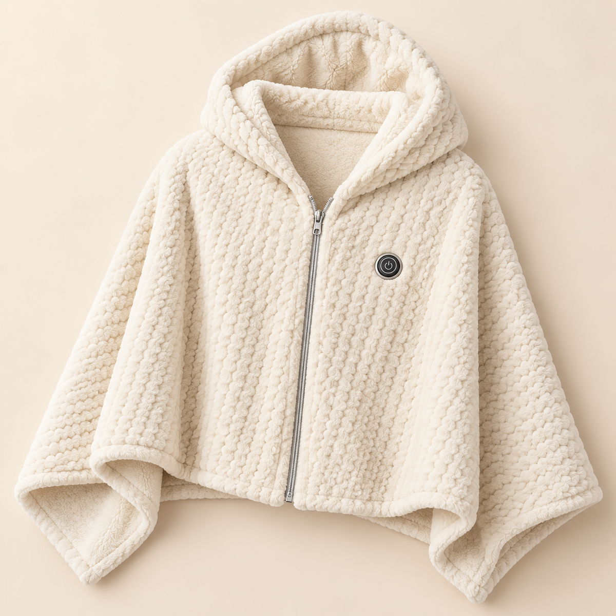 Cosy heated shawl in Off-White, hooded zip-up plush wrap