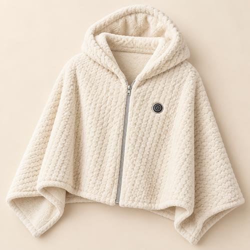 Cosy heated shawl in Off-White, hooded zip-up plush wrap