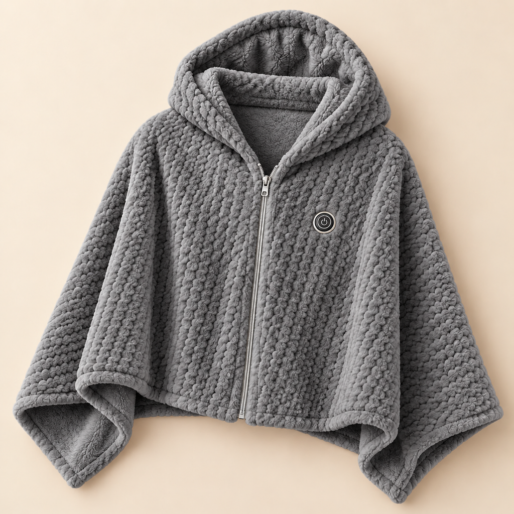 Cosy heated shawl in Grey, hooded zip-up plush wrap