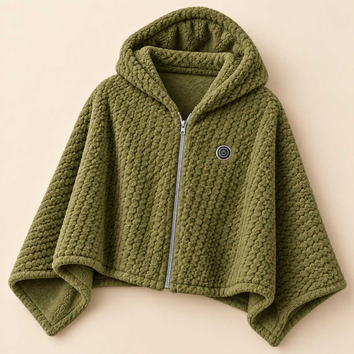 Cosy heated shawl in Khaki green, hooded zip-up plush wrap