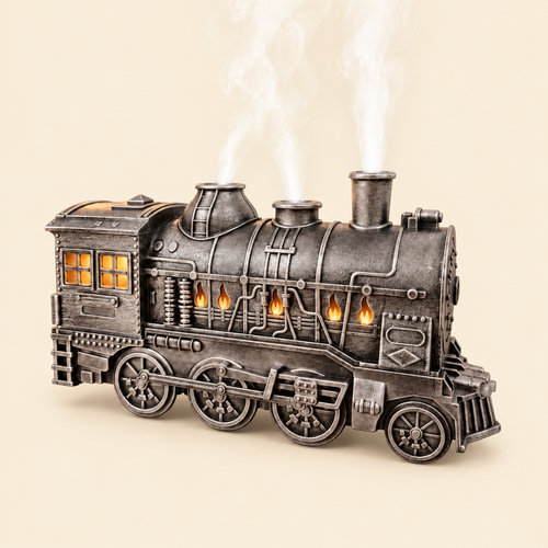 Silver vintage steam train aroma diffuser and essential oil humidifier with remote control, glowing cabin windows and rising steam mist
