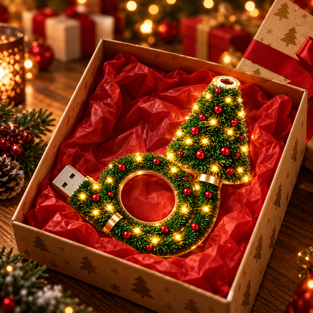 Festive projector lamp in a Christmas gift box with red tissue paper