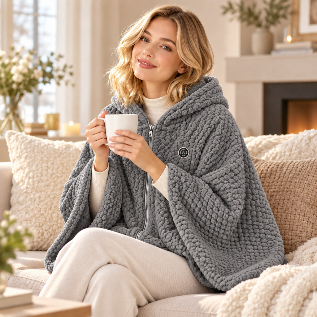 Woman relaxing on the sofa in a Grey heated shawl wrap