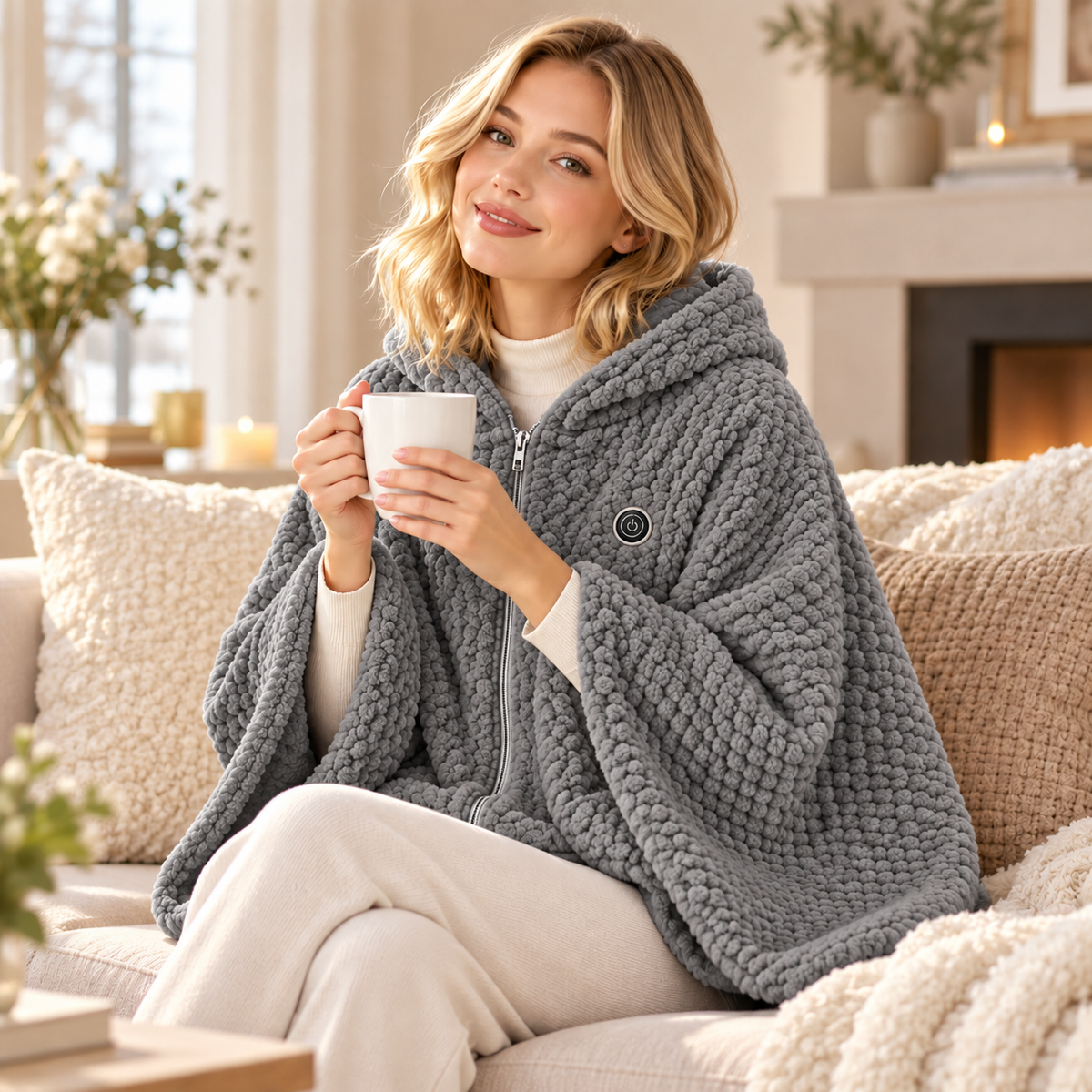 Woman relaxing on the sofa in a Grey heated shawl wrap