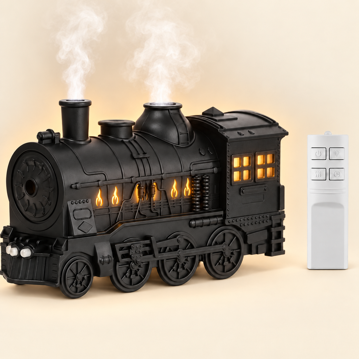 Black vintage steam train aroma diffuser and essential oil humidifier with remote control, glowing cabin windows and rising steam mist