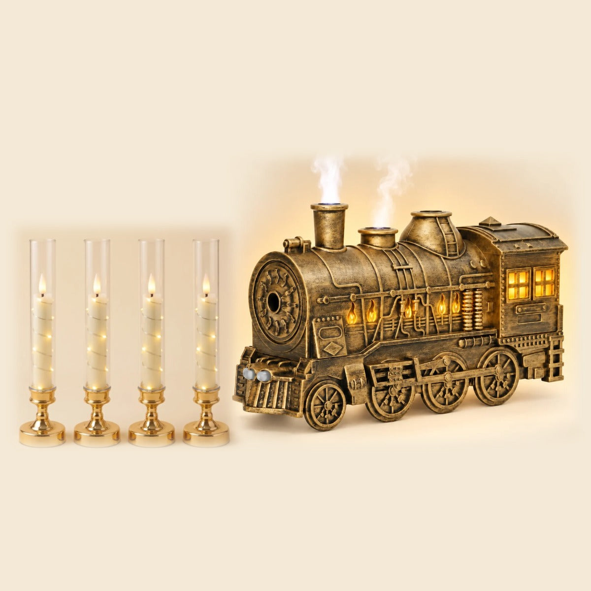 Vintage steam train diffuser and flameless taper candle gift set on a cream background